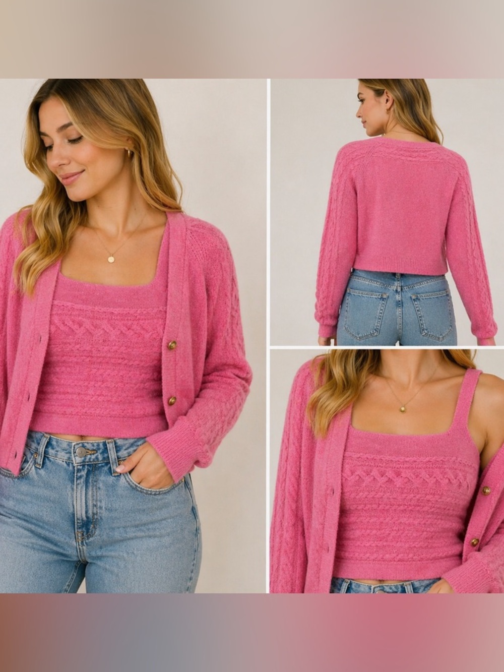 J.Crew Cropped Cardigan & Tank Set Pink Cable Knit. XL